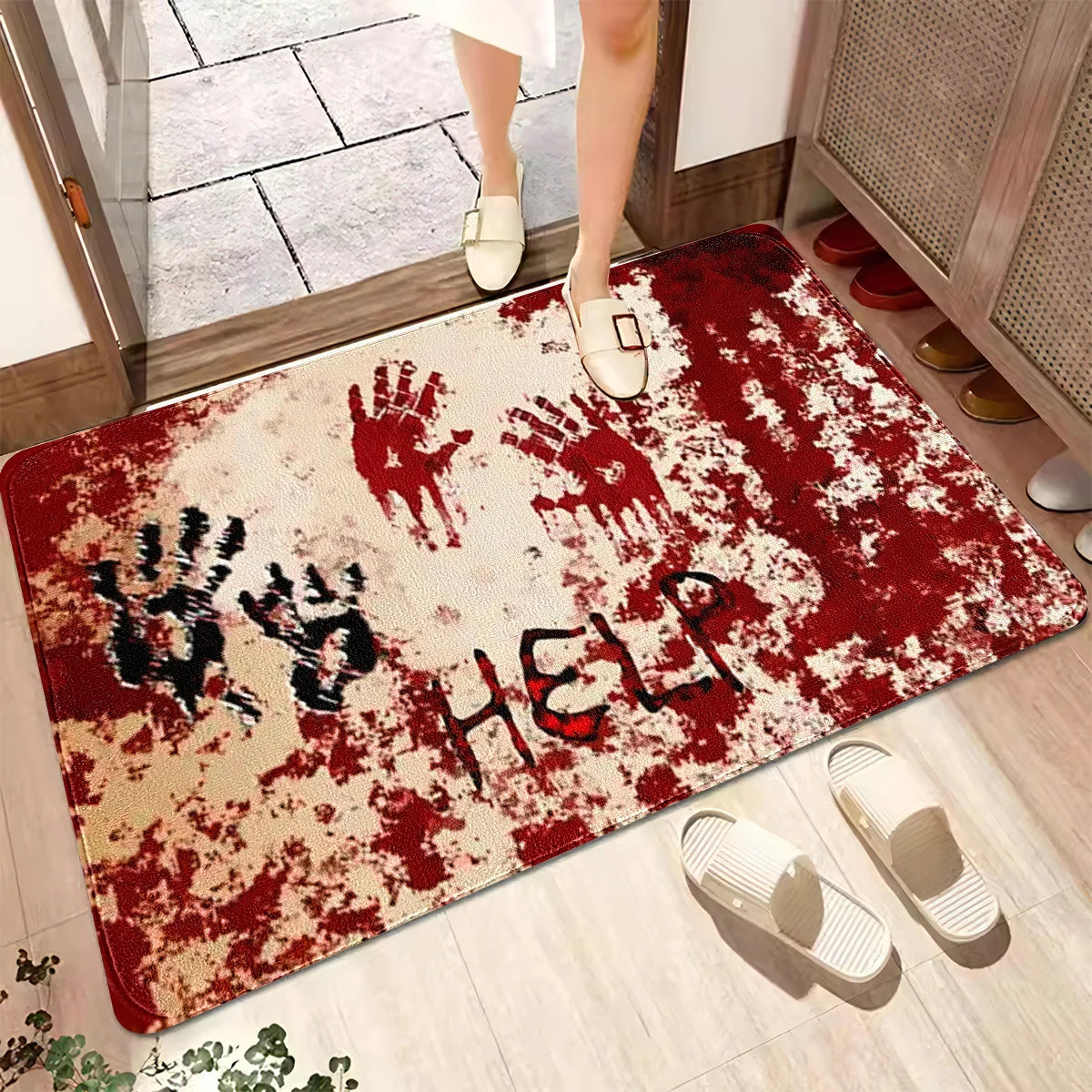 Spook Up Your Space with the VIKAMA Bloody Handprint Halloween Bath Mat – Perfect for Entrance, Bathroom, and More!